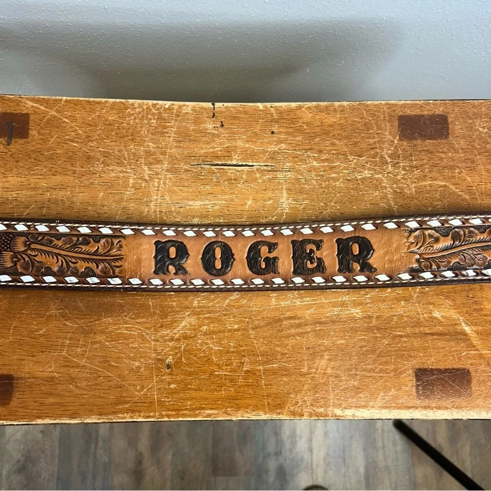 Vintage Roger RH Brown Leather Belt Custom Buckle Tony Lama Western Southwestern